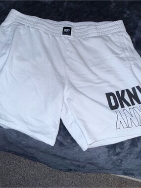 DKNY White Athletic Logo Shorts with Black Print